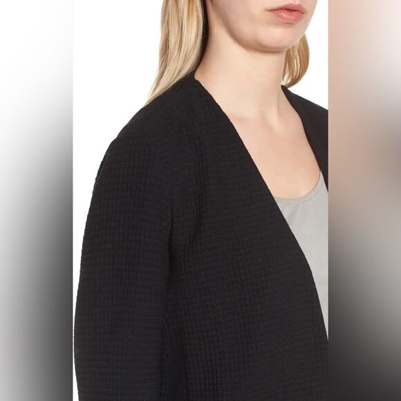 Eileen Fisher Black Geometric Cardi Jacket Small Stretch Textured Open Lagenlook - Picture 7 of 15